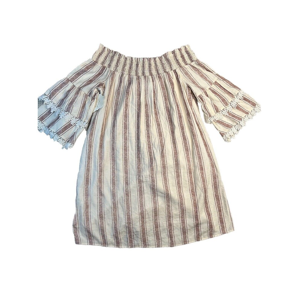 Altar’s State Striped Dress Tunic Boho Bell Sleeve Off Shoulder Sz Small Crochet